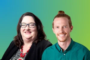 Image shows the two people featured in the story smiling in professional headshots.