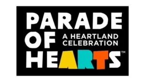 Black, white, yellow, turquoise, and orange logo of the Parade of Hearts logo