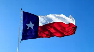 Image shows the state flag of Texas blowing in the wind. The bright, cloudless, blue sky is in the background of the image.