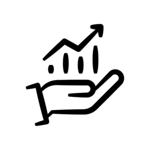 Icon featuring an open hand holding an upward-trending bar graph and arrow.