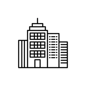 Line art icon of a city skyline with three office buildings.