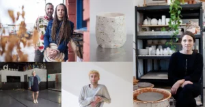 Image shows a collage of small business owners. One image is two men leaning on a building. One image is a woman inside a dance studio with many trophies lining the walls. One image is a male sitting in front of a white backdrop. One image is a woman sitting inside her pottery studio with her pottery pieces in the foreground and background. One image is of a small clay cup.