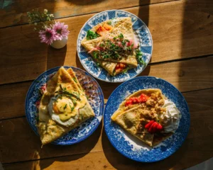 Image shows three plates with crepes from Seven Swans Creperie in Kansas City, MO